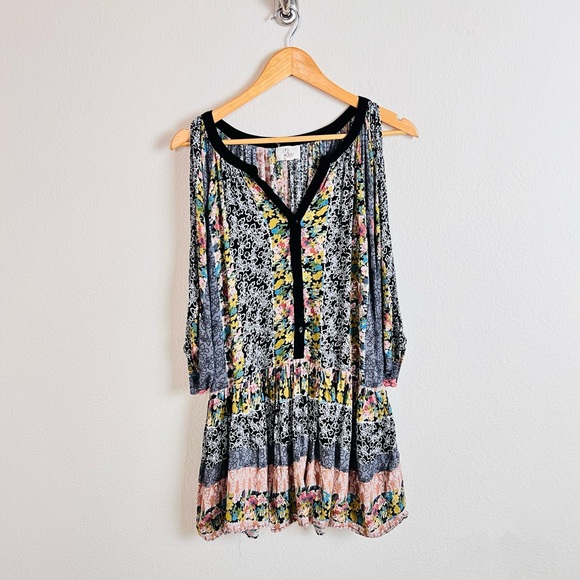 Mixed Media Multicolored Floral Cold Shoulder Cut Out Shoulder Swing Mini Dress - Picture 2 of 12